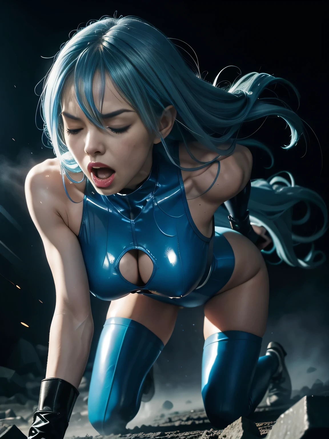 superheroine, long long gorgeous light blue hair, slender body, latex, leotard, blue and white costume, (crushed), being trampled, over dark fog, (heavy fog), dark space distorted, cruelly, (painful), helpless, (screaming in pain), eyes closed, holding on, crouching, gritting teeth, squirming, suffering, on all fours, ((chest pressing to ground)), hair disheveled