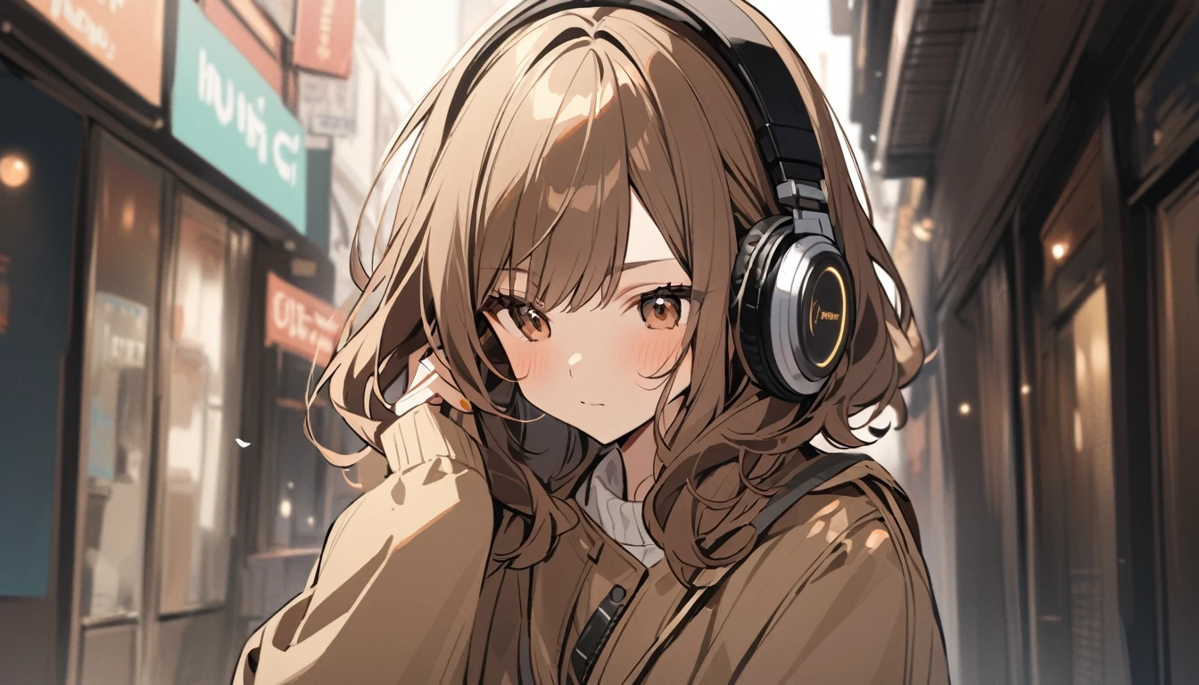 A girl with wavy brown bob hair wearing a dark beige coat. I put on my headphones and listen to music seriously when I'm around town.