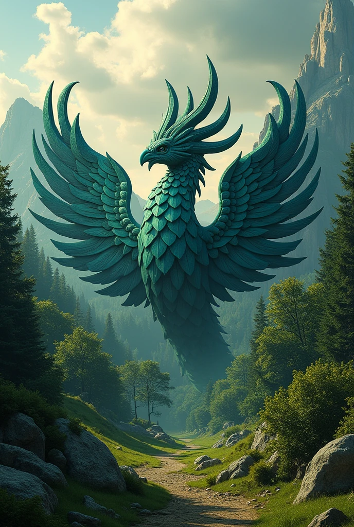 Make a product logo with the image of Quetzalcoatl and a landscape full of trees in the background.