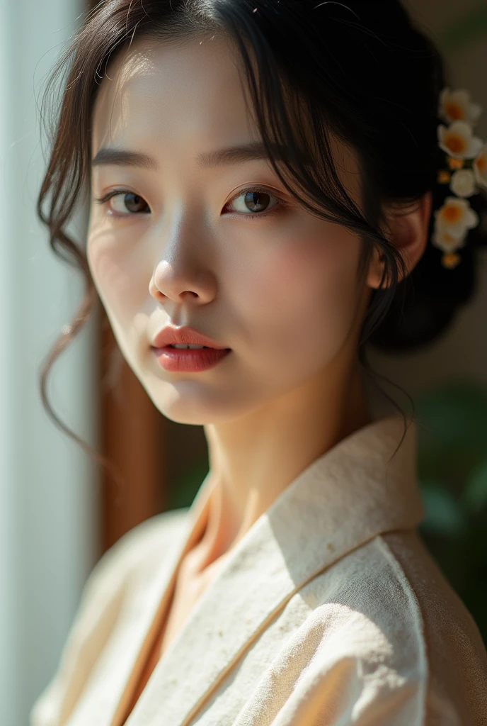 An elegantly dressed Japanese woman in natural light、A close-up of her chest and calm expression.、It shows her inner peace and outer charm.。