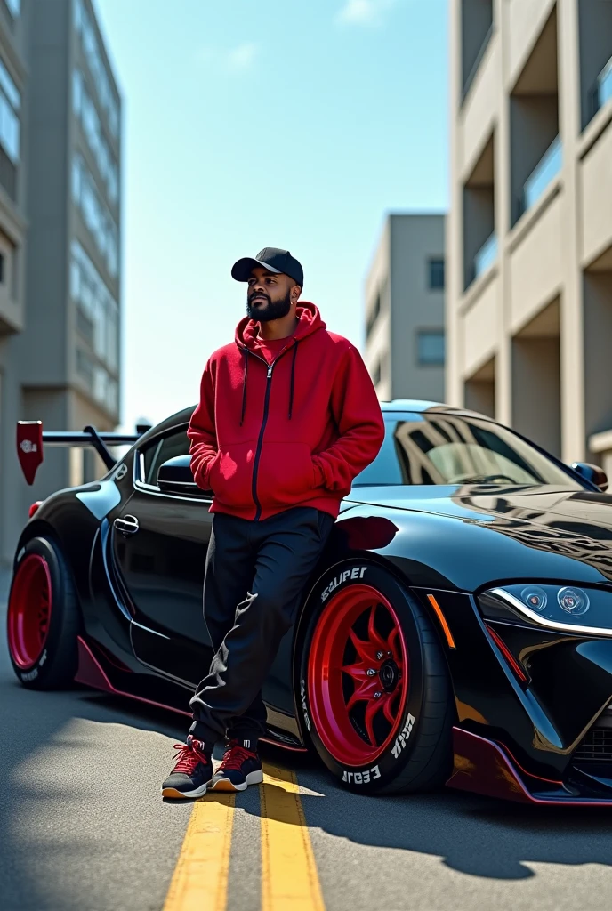 Create an image where you are lying next to a modified Toyota Supra MK4, with the car's shiny black paint reflecting the sunlight. The red details on the rims, The rear spoiler and side lines stand out against the black background, giving it a touch of aggression and style. The Supra has an aggressive bodykit, with side skirts and a rear spoiler that give it a racing car look. You are leaning against the car, with one hand resting on the door and the other in your pants pocket. You wear a black cap fitted to your head, A red t-shirt that highlights your smile, and a red zip-up jacket that gives you a touch of style. Your black baggy pants give you a relaxed and casual look, and your Jordan Retro 4 add a touch of freshness to your outfit. The background is an empty street, with modern buildings in the background and a clear blue sky. The Supra looks ready to spring into action at any moment, and you seem to be enjoying the moment, relaxed and smiling slightly