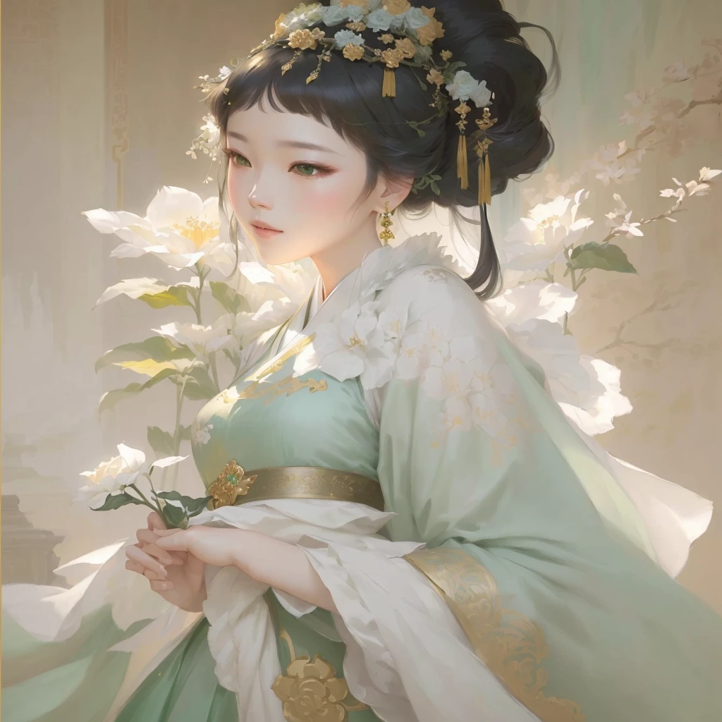 The painting shows a woman wearing a green dress、Woman holding flowers, palace , Girl wearing Hanfu, Gu Weiss, artwork in the style of Gu Weiss, Beautiful character painting, Gu Weiss masterpiece, Gu Weiss on pixiv artstation, Gu Weiss on artstation pixiv, author:Ye Xin, Li Song, author:Lin Liang