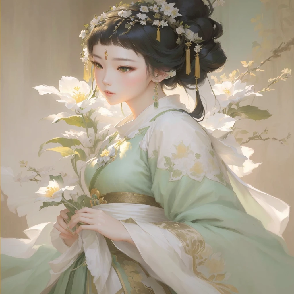 The painting shows a woman wearing a green dress、Woman holding flowers, palace ， Girl wearing Hanfu, Gu Weiss, artwork in the style of Gu Weiss, Beautiful character painting, Gu Weiss masterpiece, Gu Weiss on pixiv artstation, Gu Weiss on artstation pixiv, author：Ye Xin, Li Song, author：Lin Liang