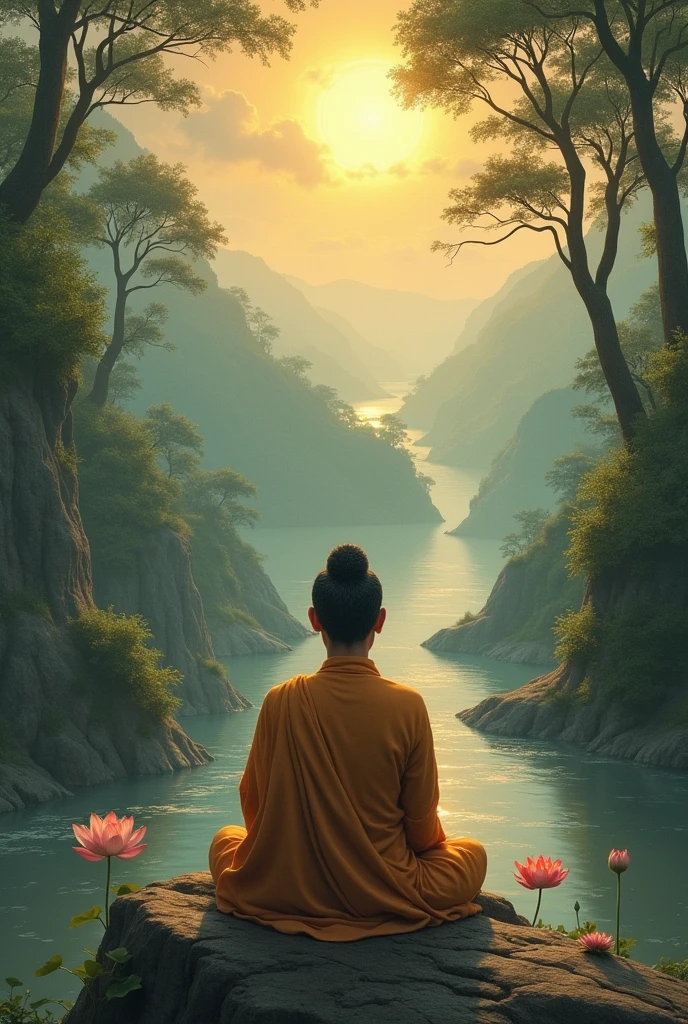 Meishu-Sama, johrei, luz divina, Japanese sitting praying to the heavens, diante de um orisonte lindo, com o sol se pondo, with one hand forward, in connection with the divine, foto retrato, Directed by: Drew Tucker, Directed by: Adam Marczyński, Directed by: Alexandre Kucharsky, Directed by: Gavin Nolan, Surrealismo 8K, Directed by: Jason Felix, Yuri Shwedoff e Tom Bagshaw, arte ilustrativa, Estilo Erik Johansson