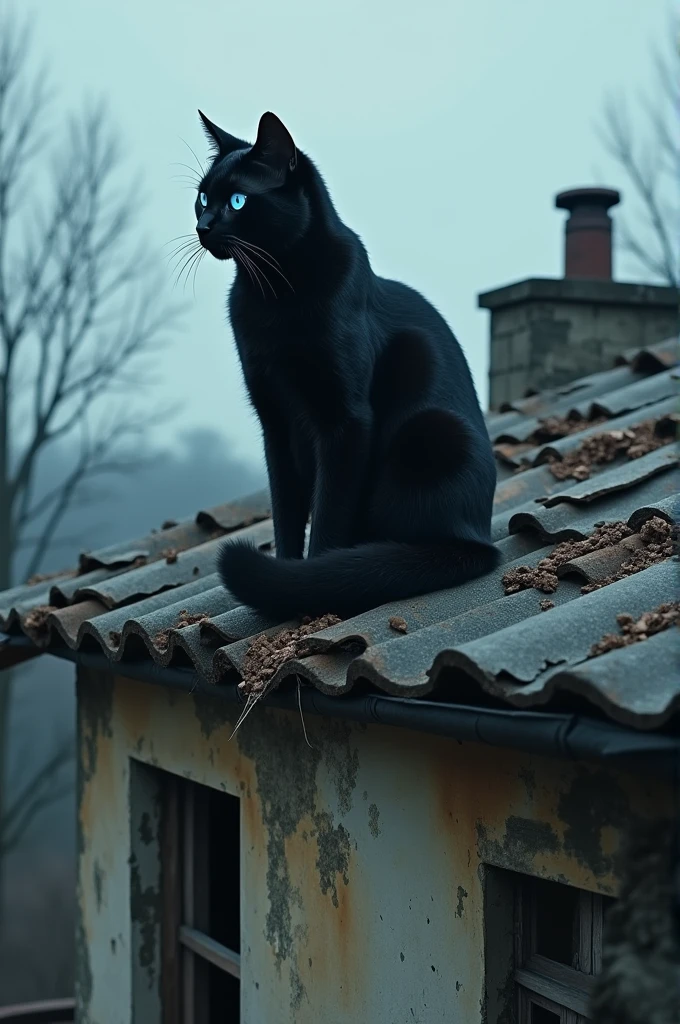 Black cat with blue eyes on the roof of an abandoned building 