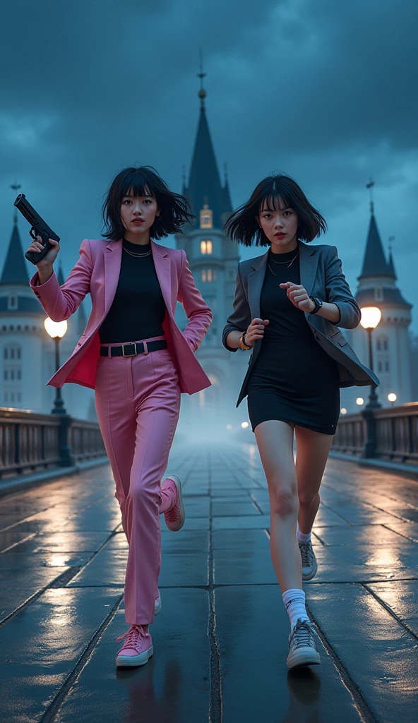 Two girls, short black hairs, (The first girl wear a pink suit, black shirt, black pencil skirt, black underpants, white socks, pink sneakers), (The second girl wore a grey suit, black shirt, black pencil skirt, black underpants, white socks, grey sneakers), holding a handguns, ran to the long bridge of the castle, night, novel, 4K, HD