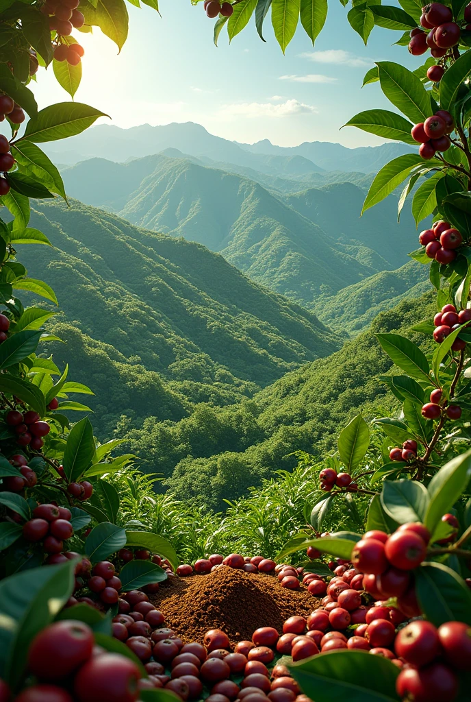 Create green mountains full of coffee plants, in the center of the image say ALESSA COFFEE PREMIUM COFFEE 100% JINOTEGANO in letter font and below there are ripe and green coffee seeds and roasted and ground coffee seeds and the image has intense colors