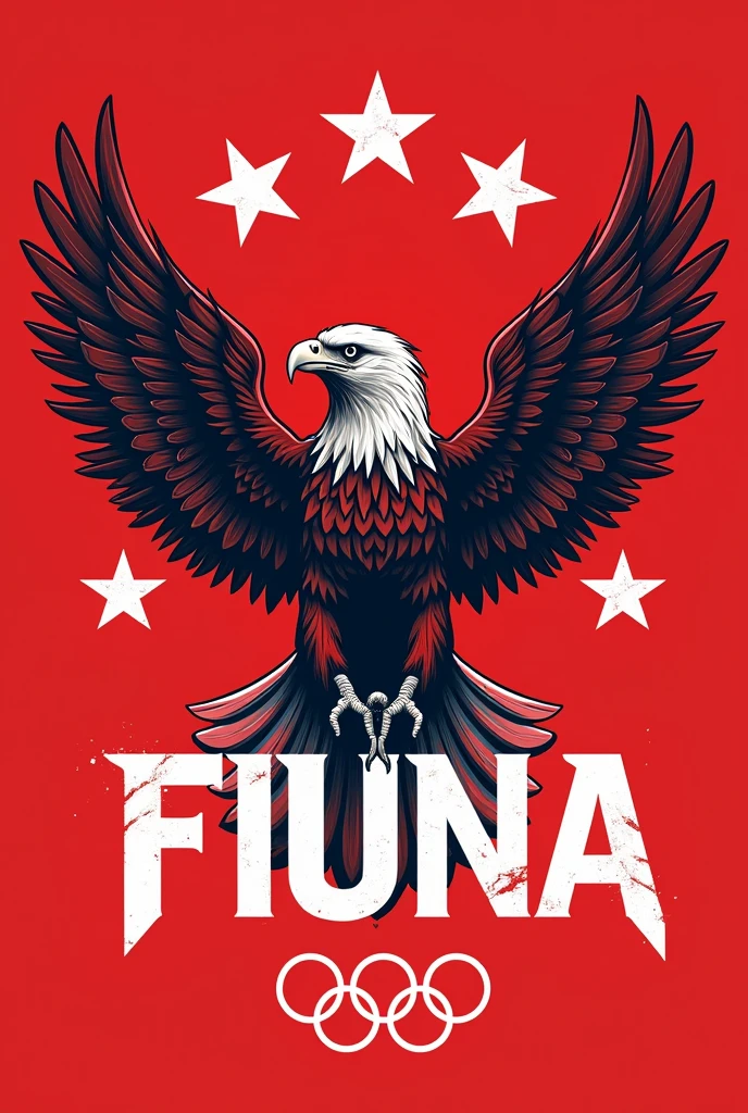 T-shirt with an eagle in red tones and that says FIUNA, have 5 stars and say 2024 and Olympics
