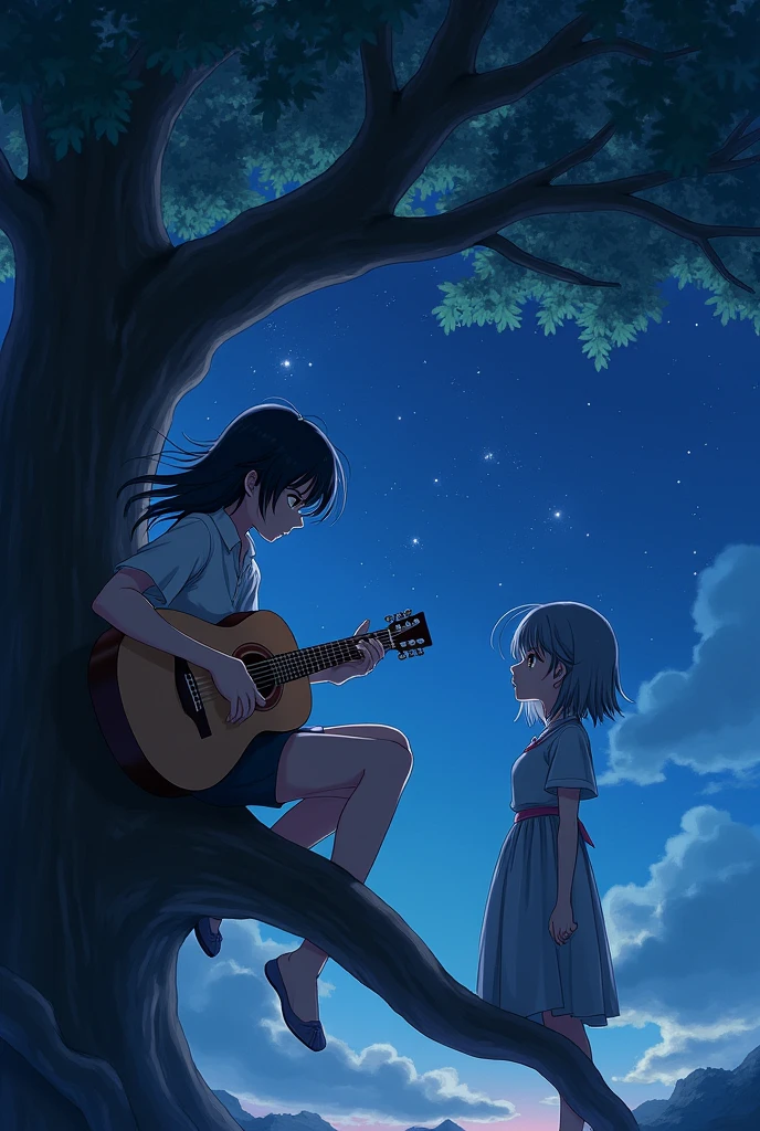 A young man with his guitar with very very long hair dressed in black playing the guitar in a tree under the starry sky and at the other end of the tree a girl dressed in grey with short hair, the girl who is a little taller looking closely at the young man (anime version)