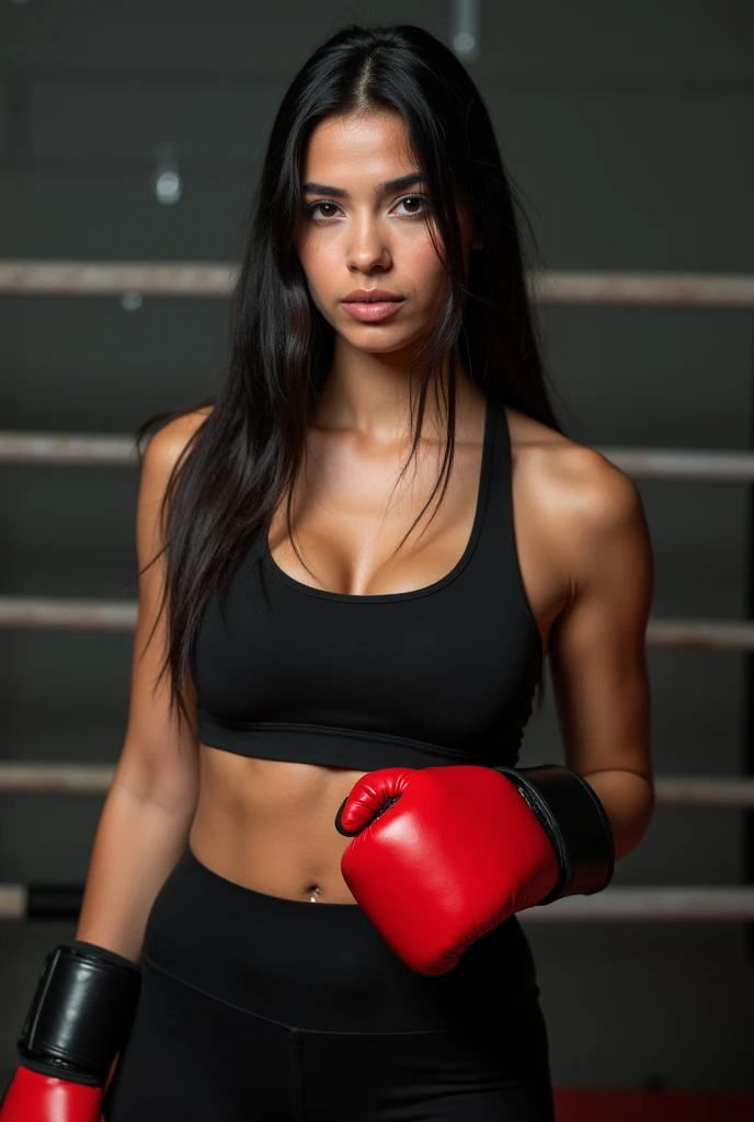 Woman boxer, handsome face, toned, white smooth gleaming skin, sports bra, long black pants, long black hair, boxing gloves, sweating