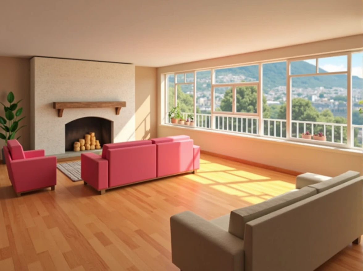 Living room dining room approximately 7 meters by 7 meters with a window from side to side at a height of 1 meter from the wall and with a 1 meter frame..5 high only on the back wall overlooking the eastern hills of Bogotá, and a large old fireplace with a projecting structure in the middle of the wall perpendicular to that of the window, wall height maximum 3 meters, Wooden floor and beige walls, white plaster ceiling, the other three walls sealed, furniture, sala modular, an armchair, 6-seater wooden dining room (geographic location: downtown bogota colombia, View of Monserrat) not so modern, más bien un poco antigua pero con furniture contemporáneos y plantas