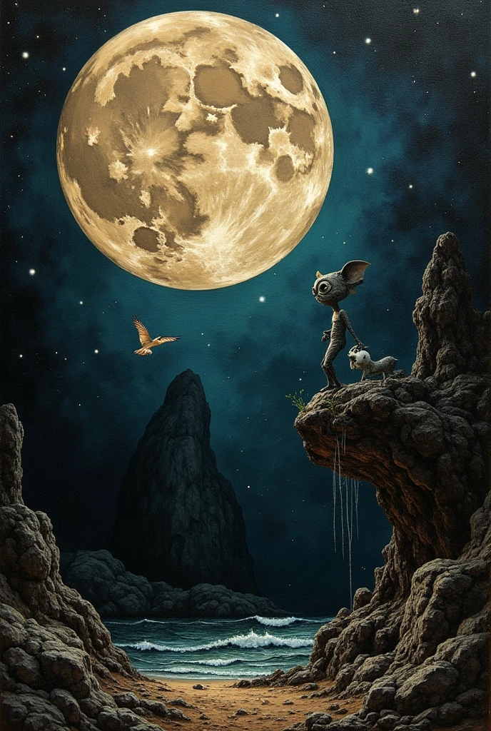 the moon, Artwork inspired by Dave Mckean, intricate details, oil painted, surreal bizarre, cubism, high quality