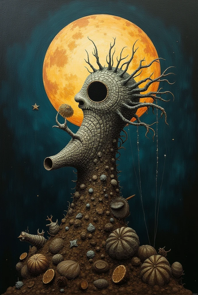 the moon, Artwork inspired by Dave Mckean, intricate details, oil painted, surreal bizarre, cubism, high quality 