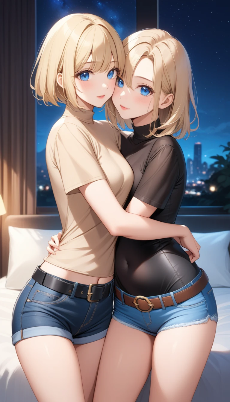 Two beautiful ladies ((lady 1: 35y old mom, with short straight blonde hair, lady 1 with blue eyes and caucasian skin, lady 1 wearing Tight Jean Shorts and Leather Belt, lady 1 Sexy Criss Cross Mock Neck Short Sleeves Black Blouse)), ((lady 2: 13y old daughter, with short straight blonde hair, lady 2 with blue eyes and caucasian skin, lady 2 wearing Tight Jean Shorts and Leather Belt, lady 2 Sexy Criss Cross Mock Neck Short Sleeves Beige Blouse)), luxurious jewelry, 18k gold wedding ring on left hand, standing in their bedroom at night, hugging and kissing each other, (light brown lipstick), (elegant mascara), (slim body), (small breasts), (wide hips), endjourney, <lora:GoodHands-, <lora:GoodLegs-, UHD, high resolution, (expressive eyes, perfect face, full body, expressive face, perfect body, perfect pussy, athletic, fit, slim body, blushing, Perfect makeup, eyeliner, beautiful eyelashes, smiling, horny face), ((best illumination, best shadows)), ((sexy pose)), ((Front pov:1.7))