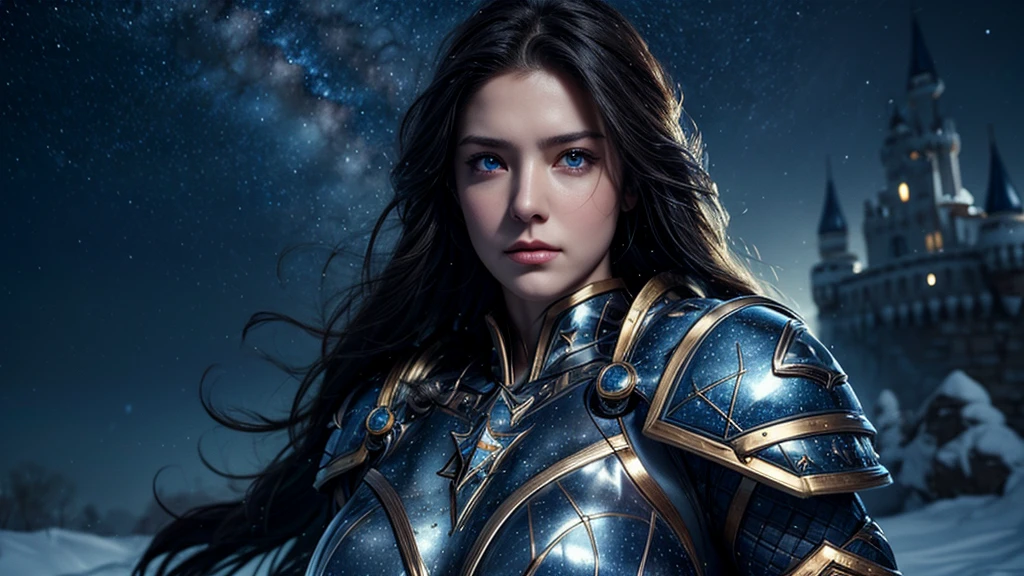 masterpiece, rest, best quality, Very detailed, Super real, 16K, high resolution, Snow Castle， ((Starry Sky)),Female Warrior，Gorgeous armor，Complex Mode，Pretty Face，Closed mouth，dramatic，Upper body shot，Glowing eyes，Large Breasts