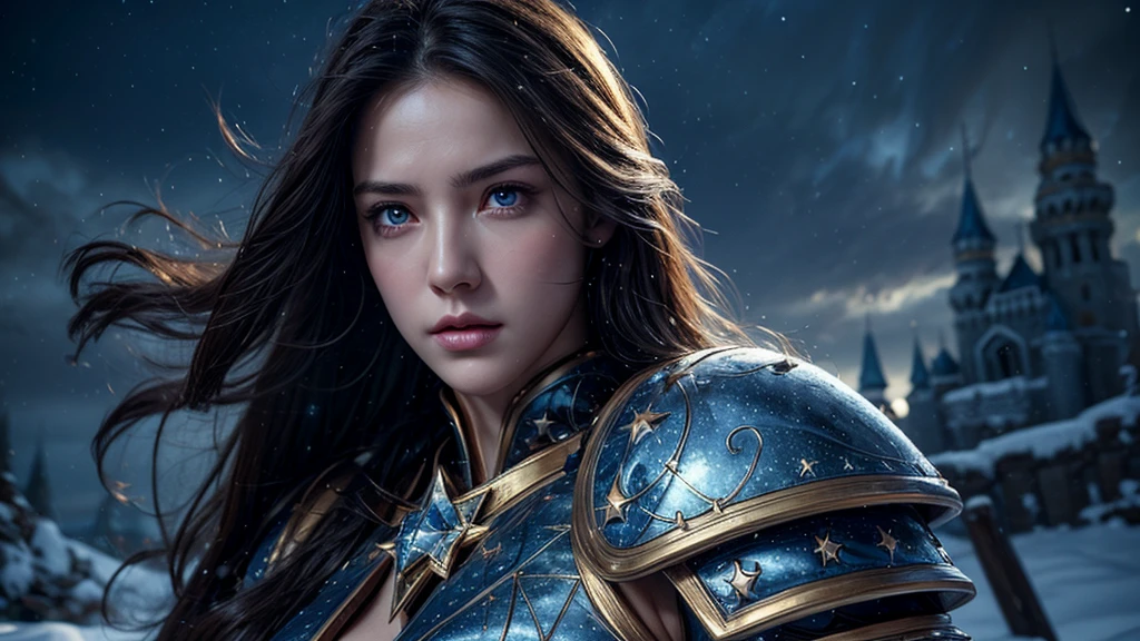 masterpiece, rest, best quality, Very detailed, Super real, 16K, high resolution, Snow Castle， ((Starry Sky)),Female Warrior，Gorgeous armor，Complex Mode，Pretty Face，Closed mouth，dramatic，Upper body shot，Glowing eyes，Large Breasts