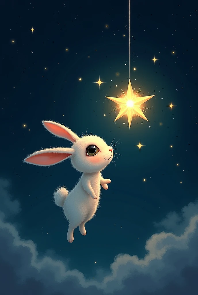 drawing of a rabbit in the sky looking curiously at a star 