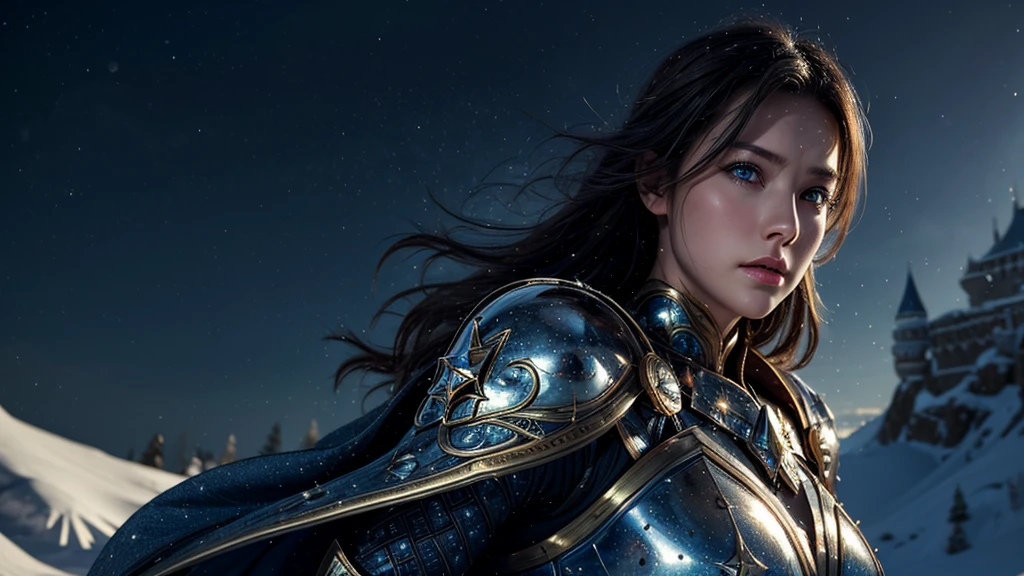 masterpiece, rest, best quality, Very detailed, Super real, 16K, high resolution, Snow Castle, ((Starry Sky)),Female Warrior,Gorgeous armor,Complex Mode,Pretty Face,Closed mouth,dramatic,Upper body shot,Glowing eyes,Large Breasts