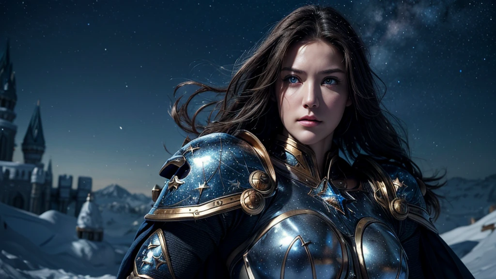 masterpiece, rest, best quality, Very detailed, Super real, 16K, high resolution, Snow Castle， ((Starry Sky)),Female Warrior，Gorgeous armor，Complex Mode，Pretty Face，Closed mouth，dramatic，Upper body shot，Glowing eyes，Large Breasts
