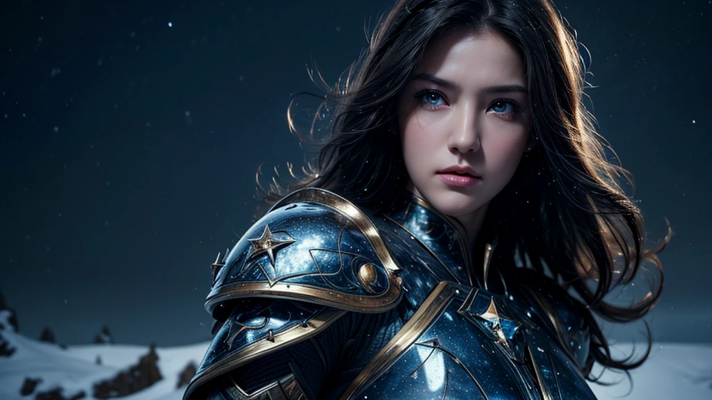 masterpiece, rest, best quality, Very detailed, Super real, 16K, high resolution, Snow Castle, ((Starry Sky)),Female Warrior,Gorgeous armor,Complex Mode,Pretty Face,Closed mouth,dramatic,Upper body shot,Glowing eyes,Large Breasts
