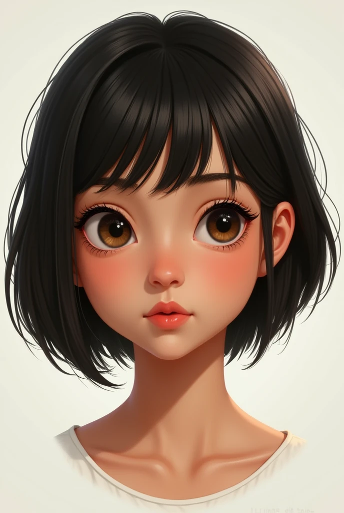 pls make teenager girl that she hv short and straight hair, oval face, big and black eyes, round eyes, short eyelashes, short and straight eyebrows, thin and straight nose, small mouth, thin lips, short teeth neutral and tanned skintone, slim body