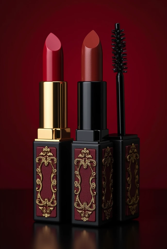 I want to create a makeup line, with 2 types of lipsticks, one dark red and the other medium brown, a mascara, but in vintage glamour style packaging, with rococo style details in relief, in dark red colors, black and gold, with the brand name RedWine