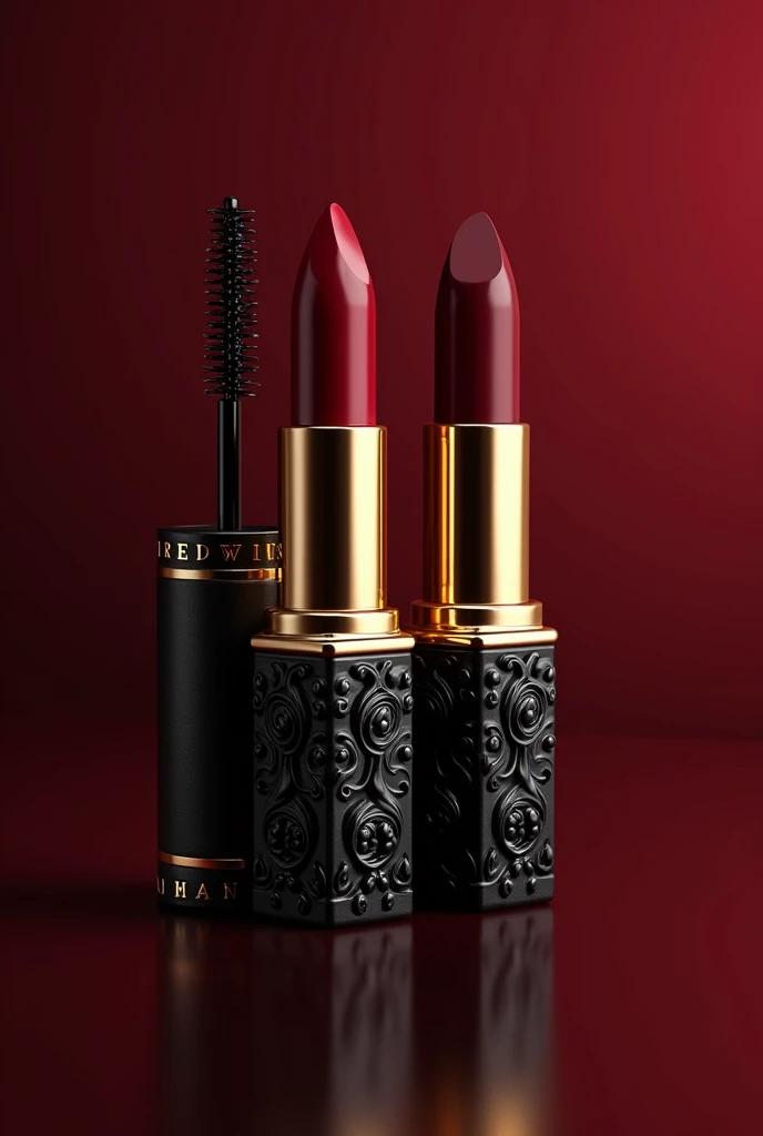 I want to create a makeup line, with 2 types of lipsticks, one dark red and the other medium brown, a mascara, but in vintage glamour style packaging, with rococo style details in relief, in dark red colors, black and gold, with the brand name RedWine