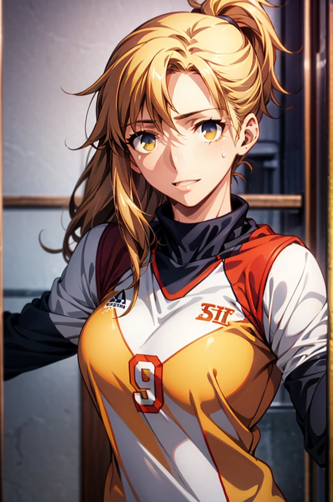 Masterpiece,Highest quality,8k,Ultra-high resolution,appropriate margins,Perfect hands,Perfect Fingers,Perfect human body,Perfect Eyes,((Cowboy Shot)),BREAK,Bright expression,(1 person),(The most beautiful mature women),Slim body,((Big Breasts)),Moisturized Skin,Fair skin,BREAK,(Yellow Hair),Long Hair,ponytail,Thin eyebrows,BREAK,Black eyes,Light in the eyes,BREAK,BREAK,((Volleyball player)),((Volleyball uniform)),BREAK,Eyes meet,Bright expression