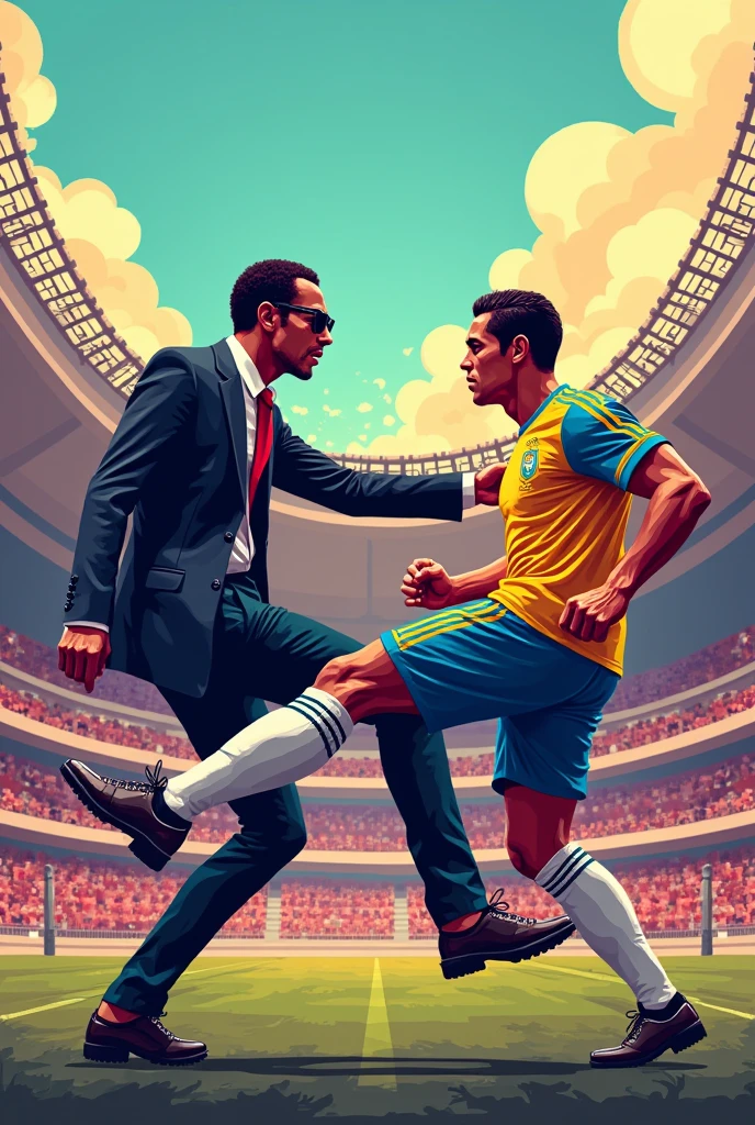 Jorge Ben Jor in sunglasses kicking Cristiano Ronaldo, pixel art