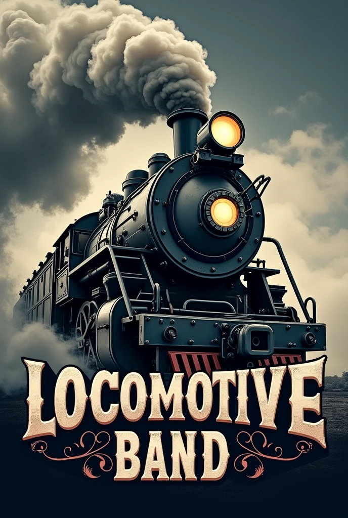 Logo of a locomotive for a rock band with a cloudy sky and the locomotive coming out of the pipe with smoke. Something like the band ACDC and underneath it says locomotive band., something very rock n roll