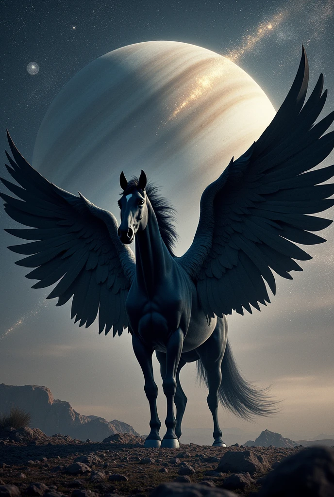 A black horse with wings on a background of Saturn and stars