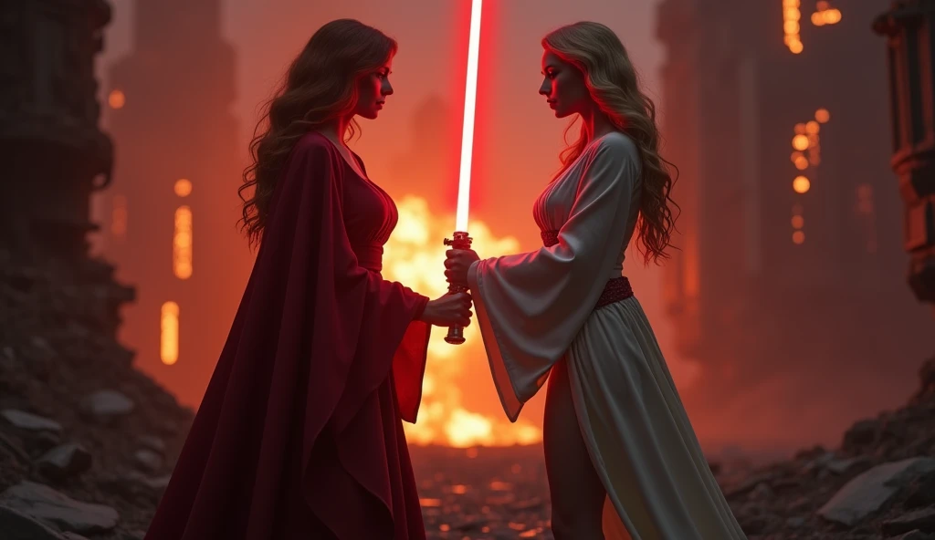 (full body shot:1) photorealistic image of two (standing pose:1) women, ultrarealistic, photography, one with long red hair, woman, 24 years old, hourglass figure, perfect body, seductive look, natural medium breasts, blur background, in complete darkness, she is wearing a sith robe, she is holding a red lightsaber, the lightsaber is the only lightsource, on a dark destroyed spacestation, explosion in the background, long sexy legs, lightsaber battle against a blonde, 30 years old, curvy figure, she is wearing a jedi robe, green lightsaber, side view