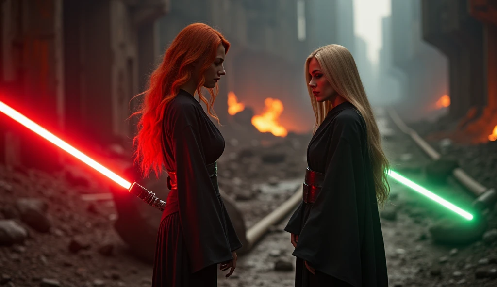 (full body shot:1) photorealistic image of two (standing pose:1) women, ultrarealistic, photography, one with long red hair, woman, 24 years old, hourglass figure, perfect body, seductive look, natural medium breasts, blur background, in complete darkness, she is wearing a sith robe, she is holding a red lightsaber, the lightsaber is the only lightsource, on a dark destroyed spacestation, explosion in the background, long sexy legs, lightsaber battle against a blonde, 30 years old, curvy figure, she is wearing a jedi robe, green lightsaber, side view