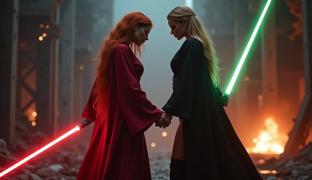 (full body shot:1) photorealistic image of two (standing pose:1) women, ultrarealistic, photography, one with long red hair, woman, 24 years old, hourglass figure, perfect body, seductive look, natural medium breasts, blur background, in complete darkness, she is wearing a sith robe, she is holding a red lightsaber, the lightsaber is the only lightsource, on a dark destroyed spacestation, explosion in the background, long sexy legs, lightsaber battle against a blonde, 30 years old, curvy figure, she is wearing a jedi robe, green lightsaber, side view
