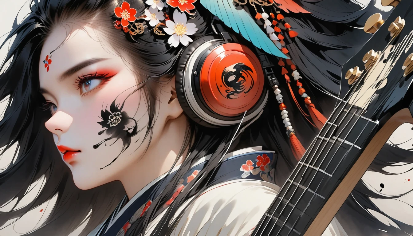 (((Ink Painting))), ((Japanese style headphones)), (((Japanese pattern tattoo on face))), Electric Bass, gorgeous hair accessory, Japanese, Bright colors, Face close-up