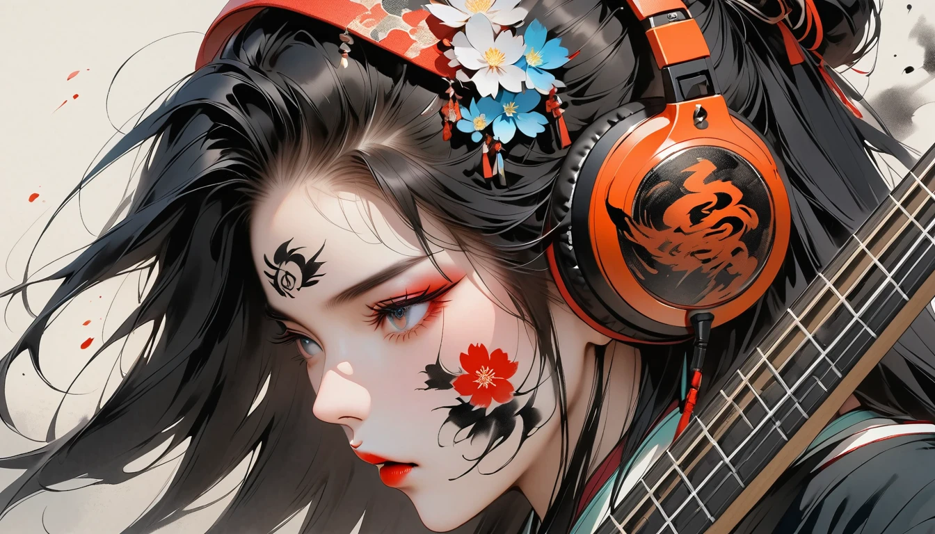 (((Ink Painting))), ((Japanese style headphones)), (((Japanese pattern tattoo on face))), Electric Bass, gorgeous hair accessory, Japanese, Bright colors, Face close-up