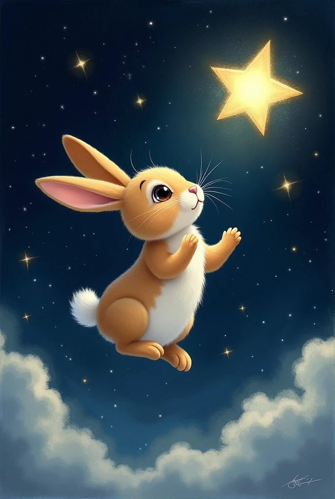 drawing of a rabbit in the sky looking curiously at a star