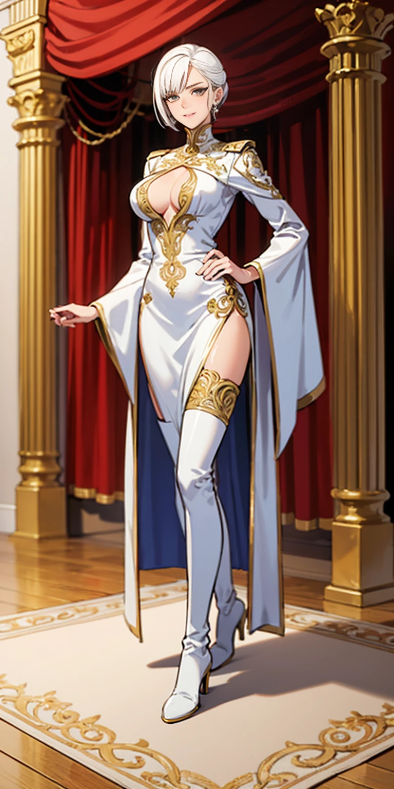 Pirotess, (yellow eyes), white hair, silver hair, very long hair, straight hair, solo, adult woman, tall, slightly muscular, large breasted, cleavage, constricted waist, Toned body, slight abs, thin dark skin, pointy ears, lipstick, makeup, black eyeshadow, circlet, white short dress, jewelry, bracelet, white gloves, thigh boots