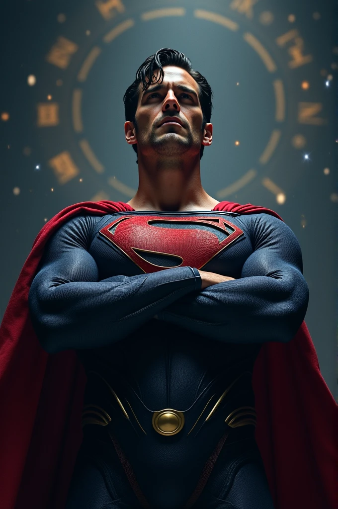1 man, solo, Henry Cavill as Superman, 40s year old, all blue and red details suit, bare hands, big red S symbol on the chest, red cape, strain of hair covering forehead, short cut hair, tidy hair, tall, manly, hunk body, muscular, wide shoulder, straight face, black hair, best quality, high resolution:1.2, masterpiece, raw photo, dark background, detailed suit, detailed face, upper body shot, crossed arms, runic scene in the background Experiment with portraying the dynamic nature of emotions. Use swirling, flowing, or kinetic brushwork to depict the movement of emotions within the portrait. shutterstock, herry cavill, portrait of henry cavill, henry cavill!!!, henry cavill, superman, superman pose, Showcase the model in a dynamic, action-oriented pose that exudes energy and movement. Experiment with dramatic angles and perspectives.