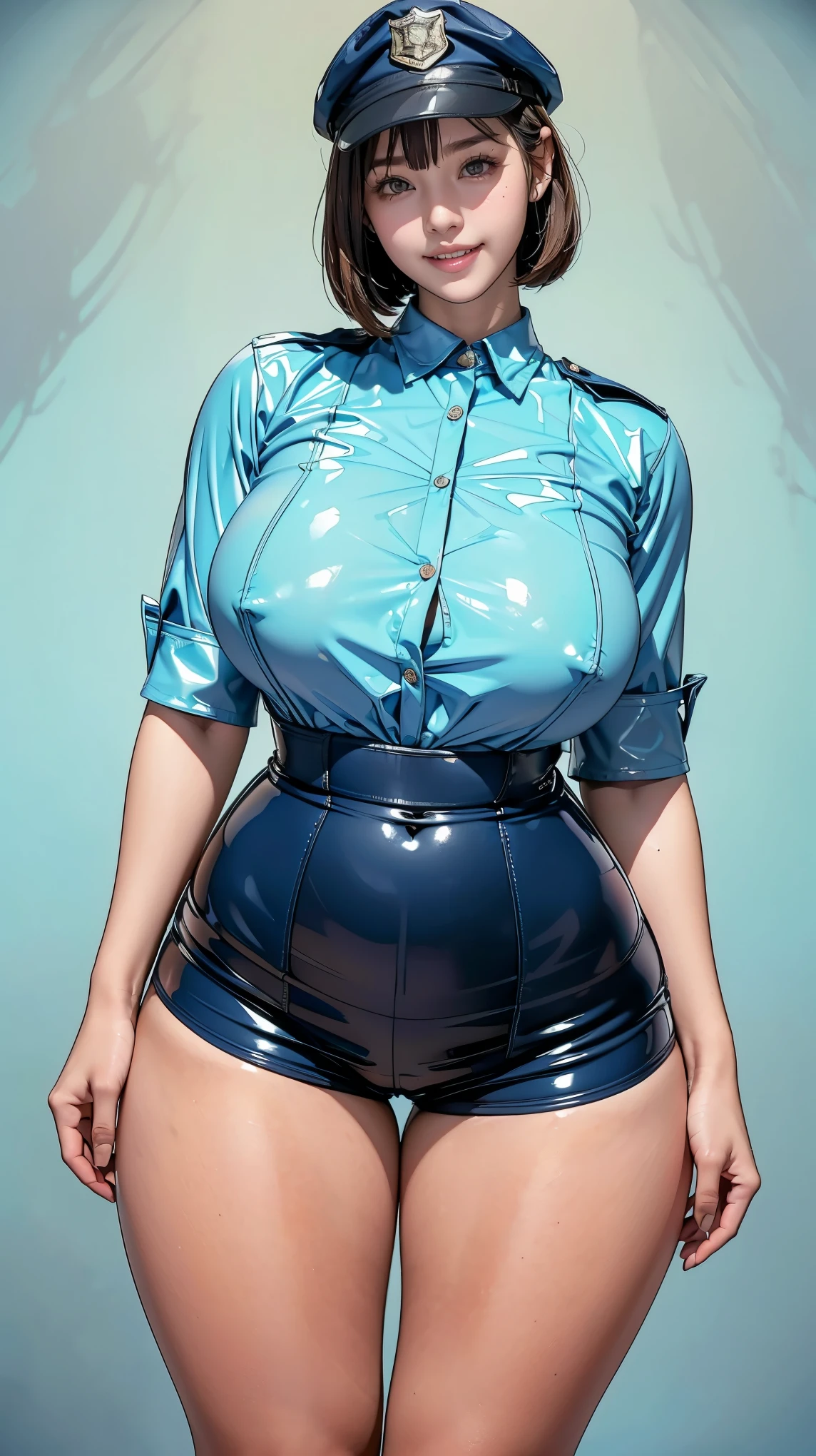 Blue blank background, (1girl:1.3), Photo from the waist up, Anatomically correct, Accurate Anatomy, (Fitted clothing, Camel Knob, A light blue fitted shirt made of latex, Navy blue latex shorts, Police style:1.3), Smiling with some teeth showing, (Thick thighs:1.2), (Her breasts are of normal size:1.3)
