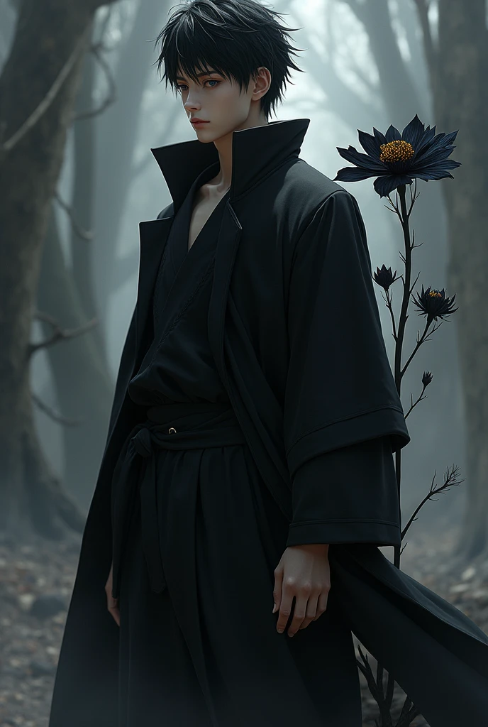 Naruto in black clothes and a black flower