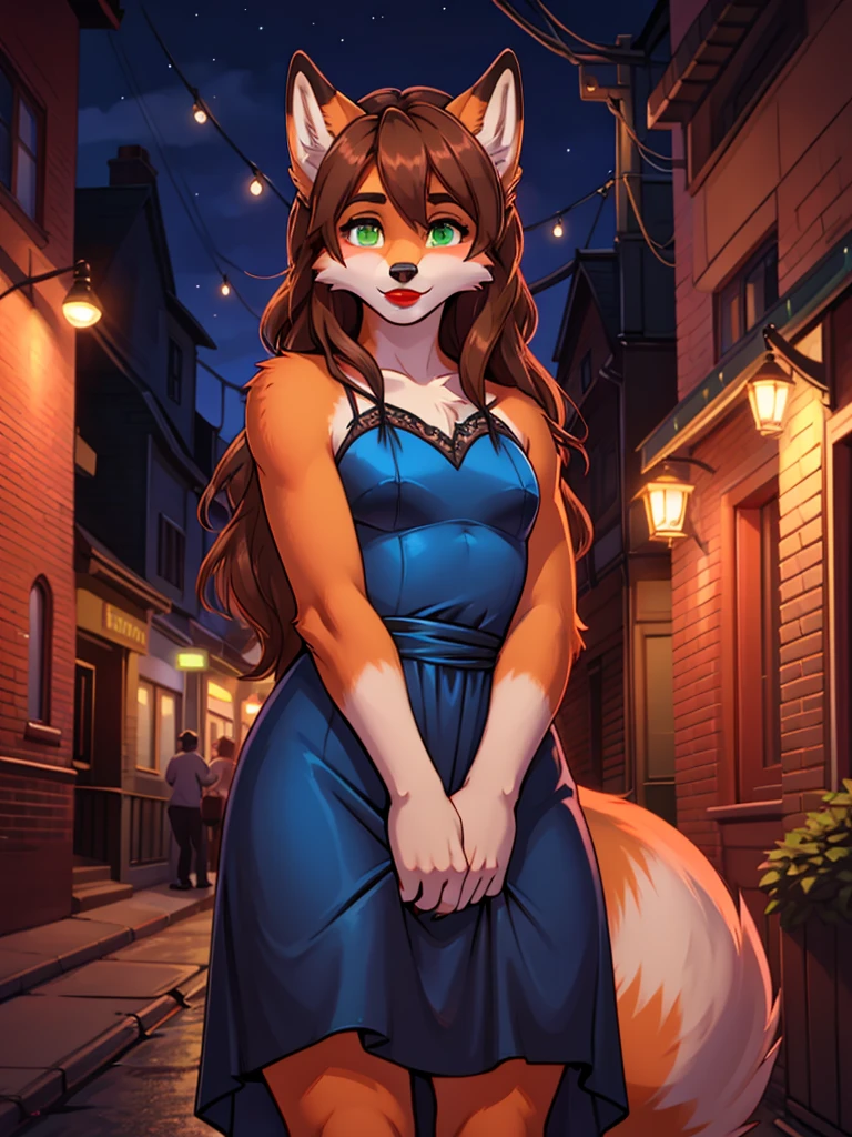 Best quality, furry male fox with green eyes, with brown long hair, with black spout, with red lipstick on lips, big lips, in a blue dress, crossdressing, shy, sexy pose, portrait, Against the background of the night street