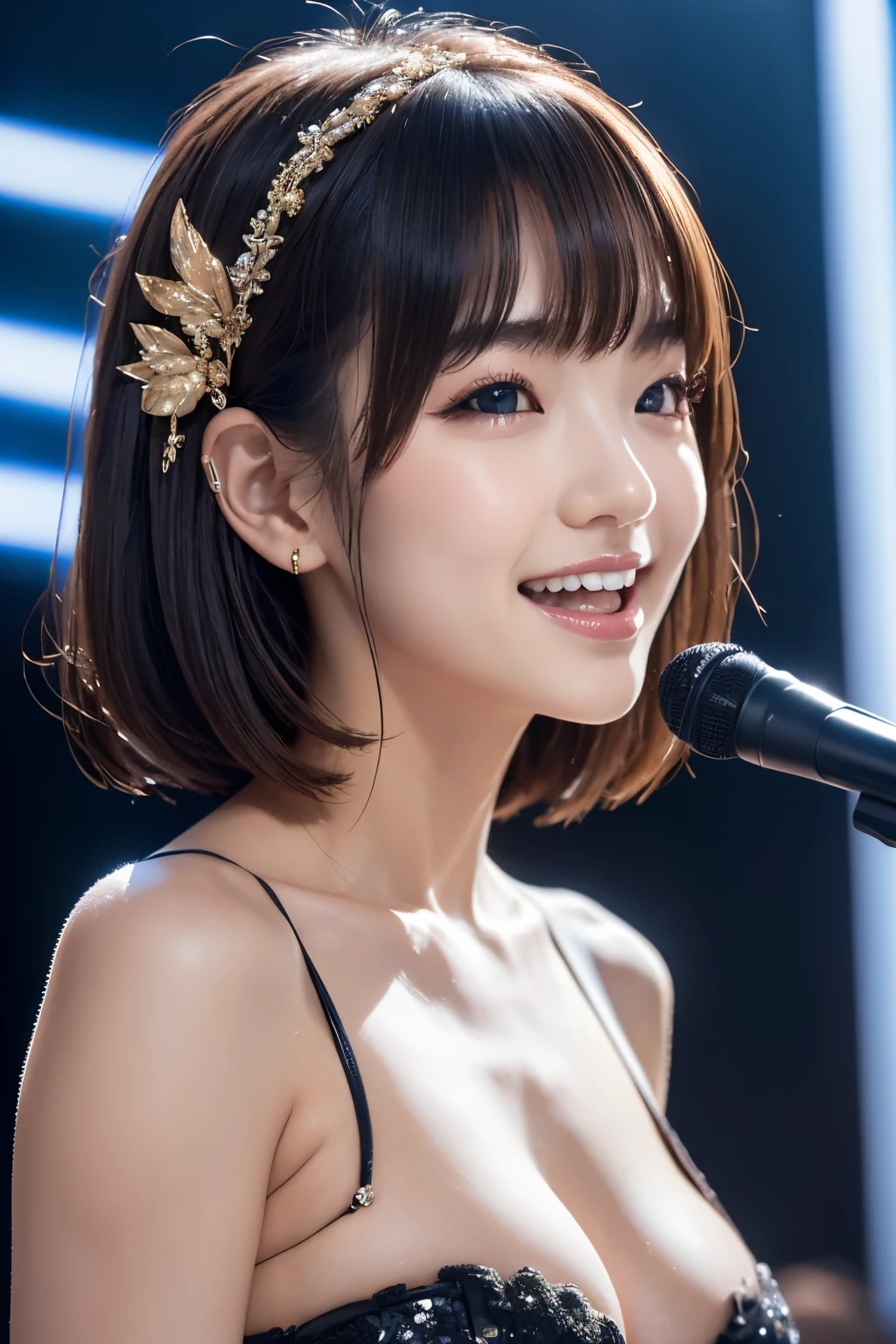 (masterpiece:1.3), High resolution, full body, Super detailed, Highly detailed CG Unity 8k wallpaper, Realistic, photo-Realistic, RAW Photos, Beautifully detailed face, Pale skin, Realistic glistening skin, Detailed cloth texture, Detailed hair texture, Perfect body, Beautiful Face, Accurate, Anatomically correct, Highly detailed face and skin texture, Natural neck length, (Beautiful Hands), (Fair skin:1.1), (Good teeth alignment:1.1), (Sweaty skin:1.2), BREAK, Fine grain, Symmetrical eyes, Light brown eyes, double eyelid, Thin eyebrows, (Glossy Lips:1.4), ((A face waiting for a kiss:1.2)), (blush:1.1), (Sparkly little hair accessories:1.1), (Beautiful smile:1.1), (Holding a microphone:1.3), BREAK, (An elegant and cute 20-year-old idol:1.3), baby face, BREAK, large breast, Slim figure, Toned Abs, ((Half Up, Black Hair, bangs:1.2)), (Cowboy Shot:1.2), (View your viewers), Cowboy Shot, From above, BREAK, (Singing on stage:1.3),Harajuku、20 years girl、Cute、Sexy shot looking at camera