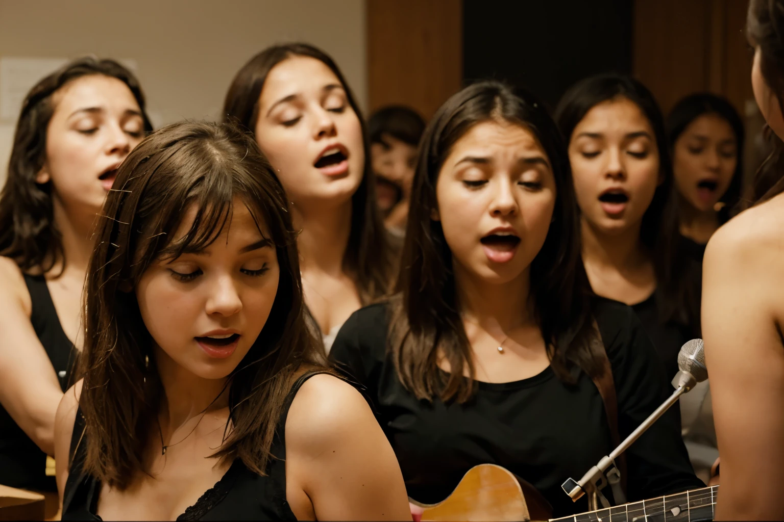 Create an image about a singing workshop, where students are seen practicing singing with their teachers. People and objects must be realistic.