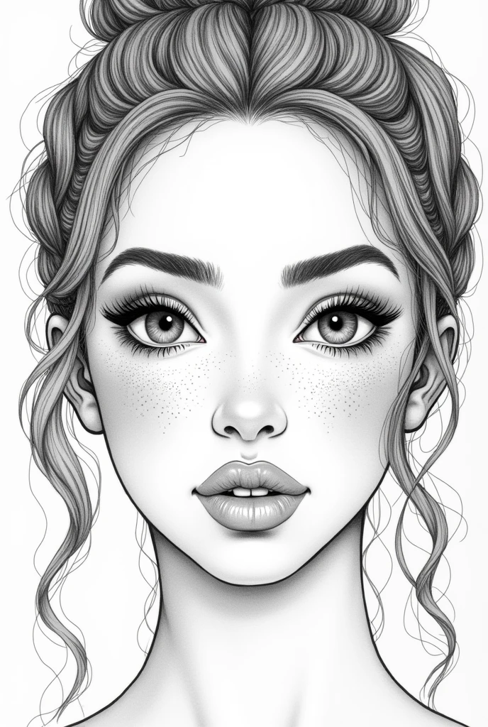 Portrait of young beautiful ethnic blasian woman, dimples in face cheeks, beautiful eyes, line art, coloring book, realistic, hyper detailed, braided updo with baby hairs. Masterpiece, Best Quality, High Resolution,Super High Resolution, Ultra realistic, Line art, fine lines, coloring book, model, extremely gorgeous, heart face, bold look, Stunning beauty, freckles 0.1, beauty marks, confident an alluring beautiful ethnic woman, slanted eyes, (realistic:1.3), hyper detailed, photorealistic, line art portrait, masterpiece, cinematic composition, hyper intricate details, hyper detailed, photorealistic, portrait, masterpiece, High-quality illustration, pencil drawing