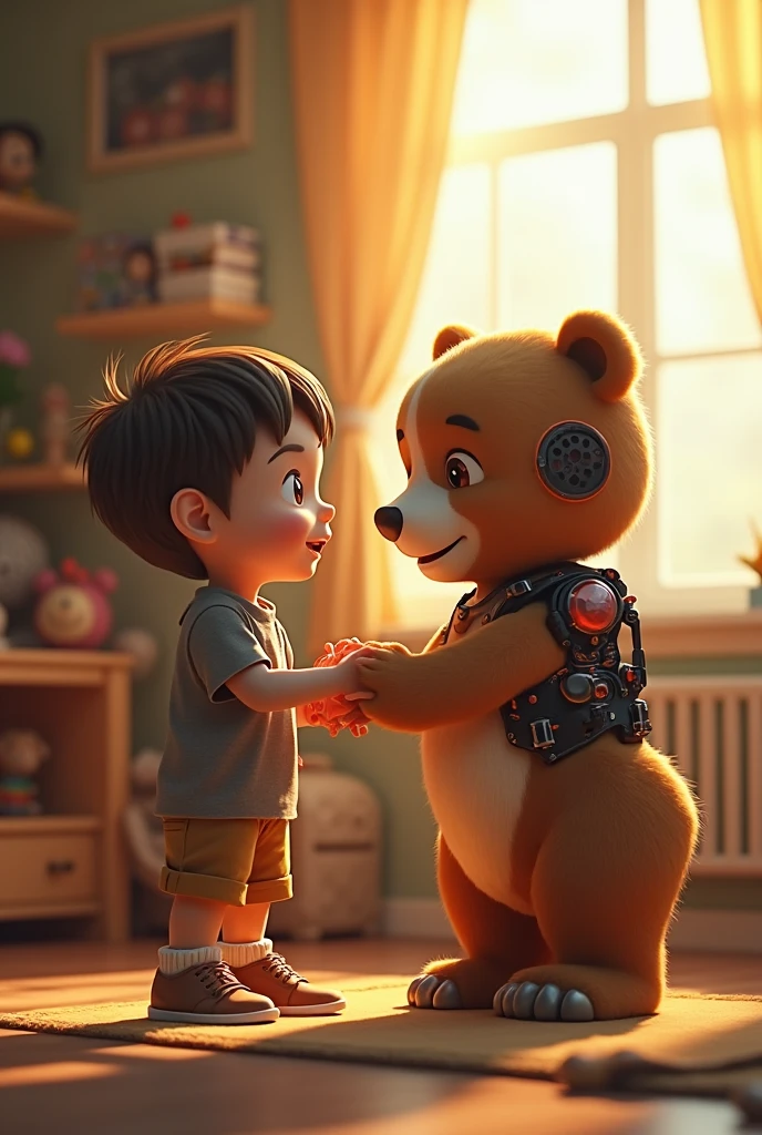 The boy and the animatronic bear become friends