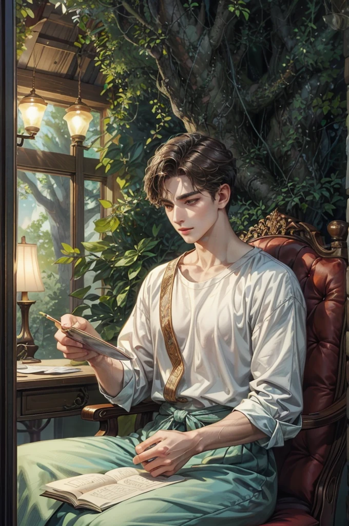 ((Best quality)), ((masterpiece)), (detailed), ((perfect face)), ((halfbody)) handsome young artist, engaging in various activities within his cozy home nestled in a serene forest. Capture moments of his daily life, such as painting, reading, playing a musical instrument, or enjoying a cup of tea, as he explores his creativity and self-discovery, all while surrounded by the warmth and comfort of his sanctuary