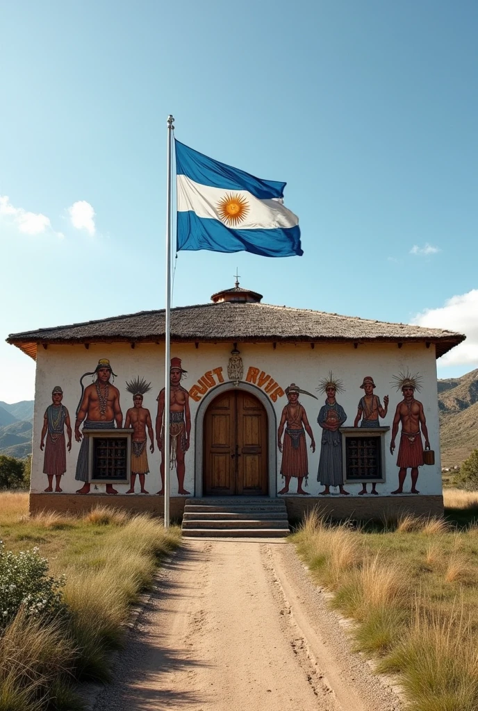 Ruka Mapuche government headquarters but humble where they have the Argentine flag and Mapuches on one side and on the other side 
