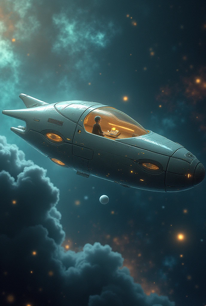 Alien spaceship with a person sitting inside the open window with space and planets in the background