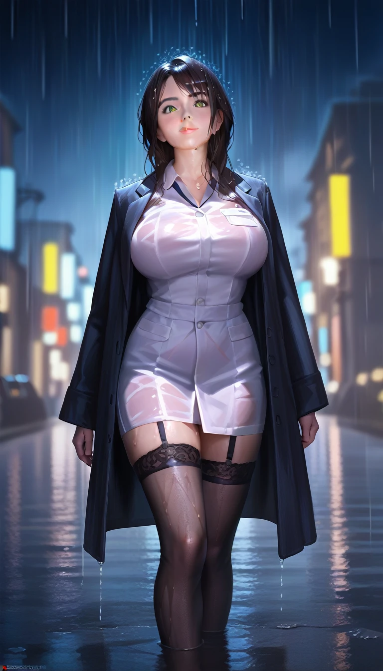 1girl, 18 years old, mix4, (8k, RAW photo, best quality, masterpiece: 1.2), (realistic, photorealistic:1.37), cute, night, rain, wet, professional lighting, photon mapping, radiosity, long coat, stockings, big ass: 1.4, bare thighs, physically based rendering, super high resolution, (bare big breasts: 1.4)